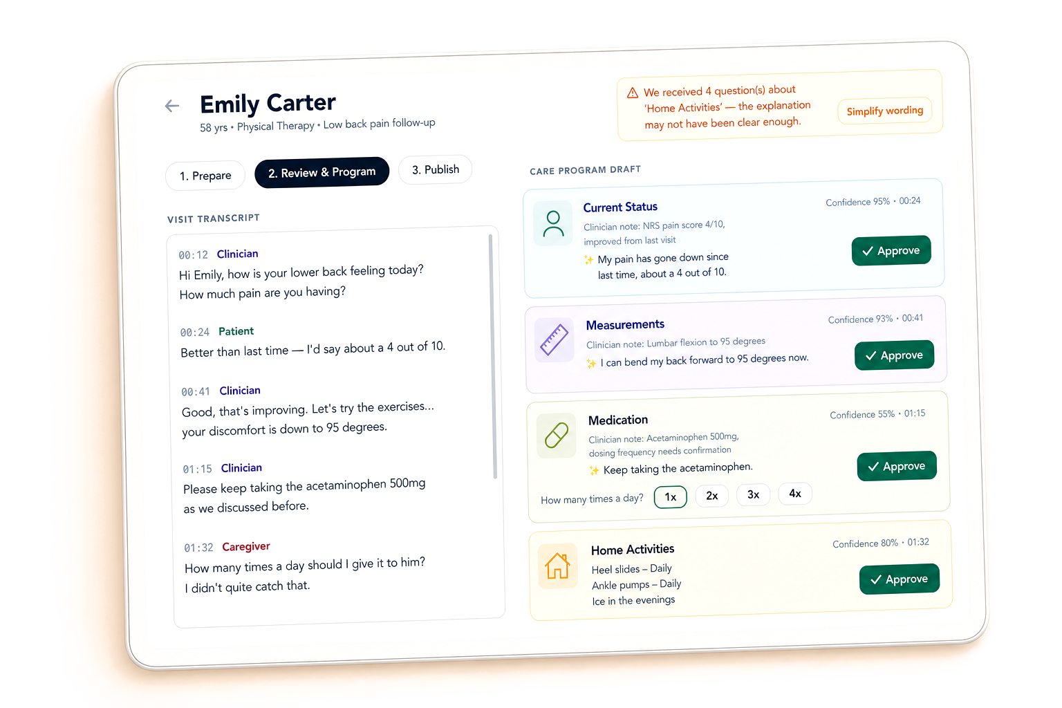 AI summary and care program review for Emily Carter on a tablet