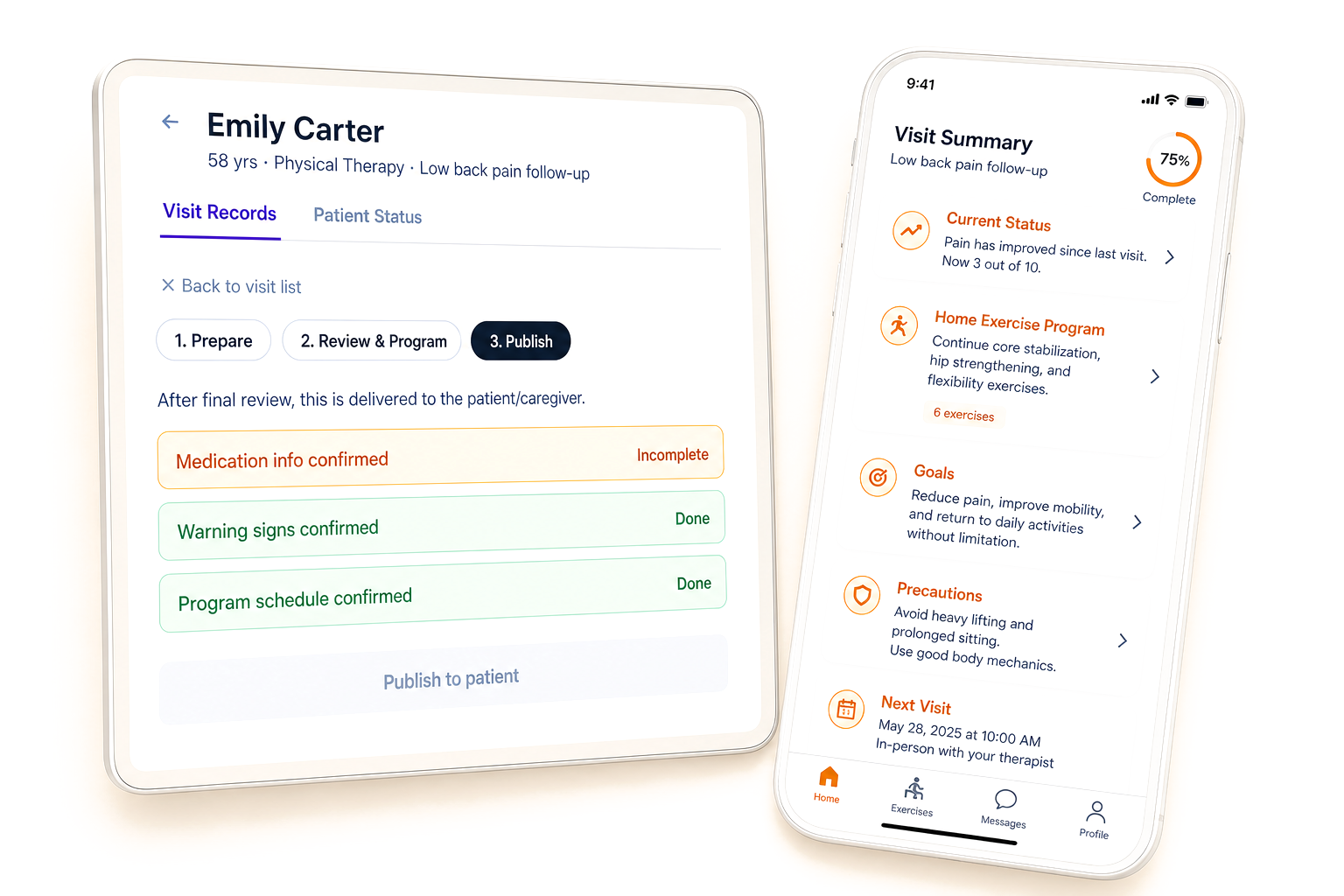 PhyxUp AI tablet and patient app preview for Emily Carter