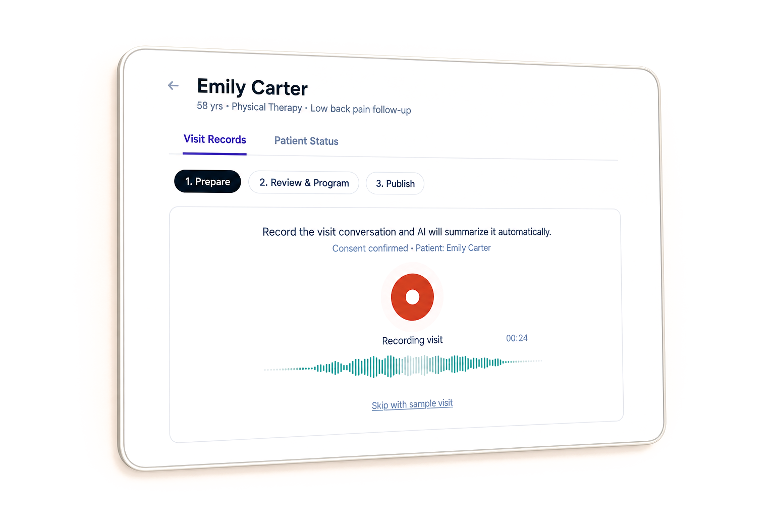 PhyxUp AI recording Emily Carter's physical therapy visit on a tablet