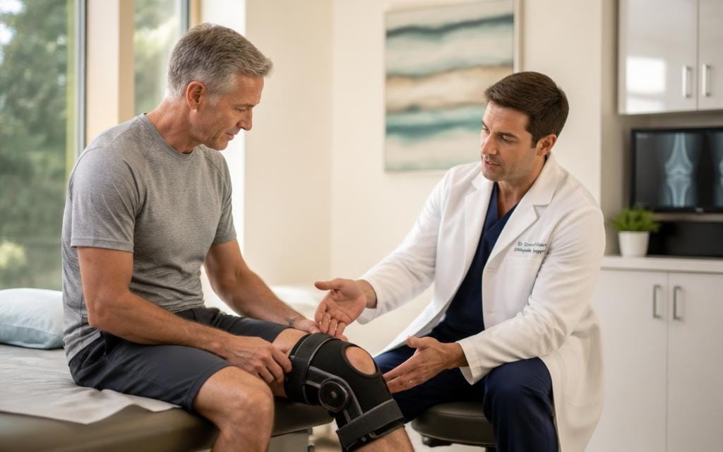 Orthopedic physician reviewing a patient's knee recovery in an outpatient exam room